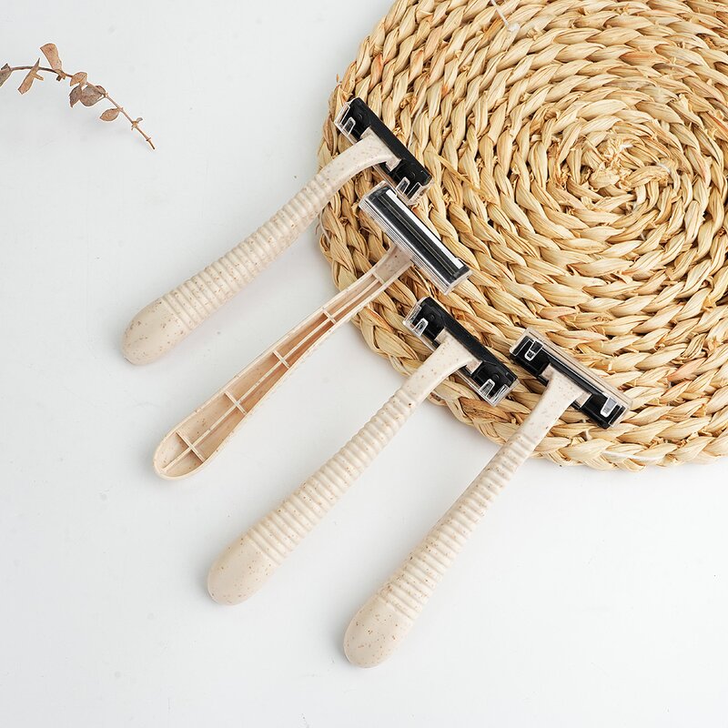 Disposable Razor Manufacturer - Custom Logo Natural Wheat Straw Twin Blades Biodegradable Hotel Shaving Tool
