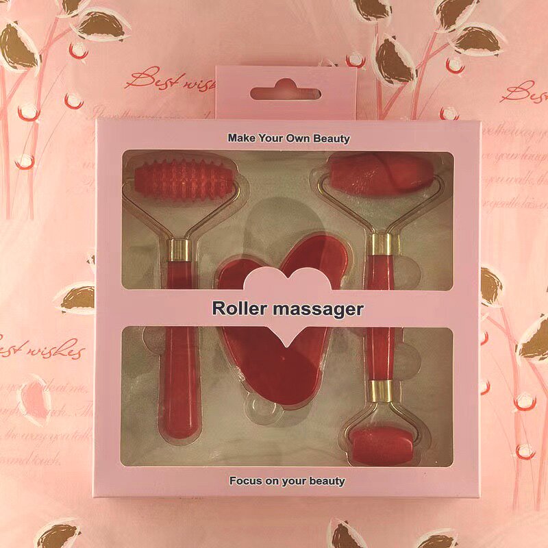 Jade Roller Set Manufacturer - 3Pc Plastic Massager Crystal Heart Gua Sha Board Facial Lifting Tool Faux Rose Quartz