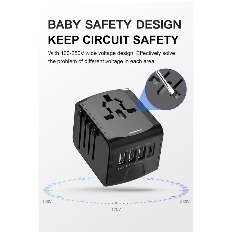 Universal Travel Adapter Manufacturer - 60W QC3.0 Type-C 3 USB Ports UK US AU EU Charger Adapter