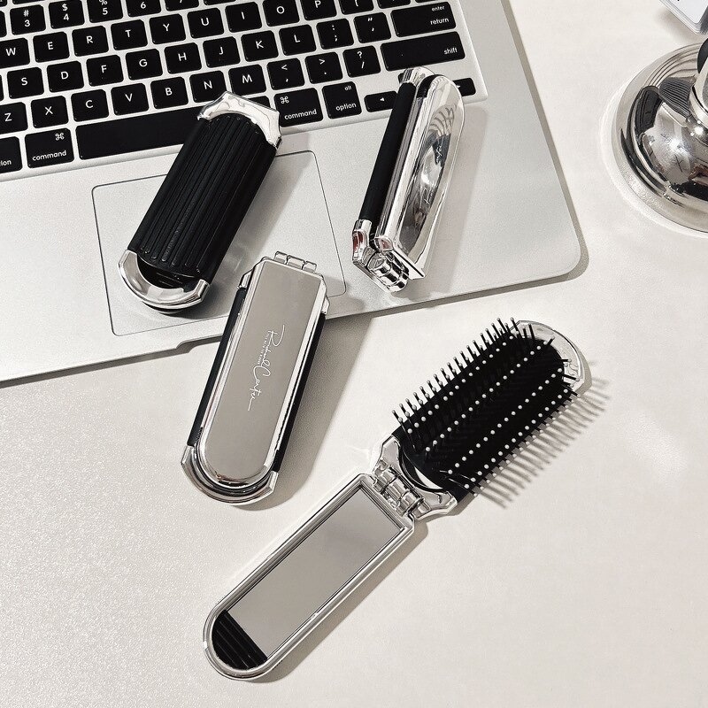 Hair Brush with Mirror Manufacturer - High Quality Electroplated Silver Mini Folding