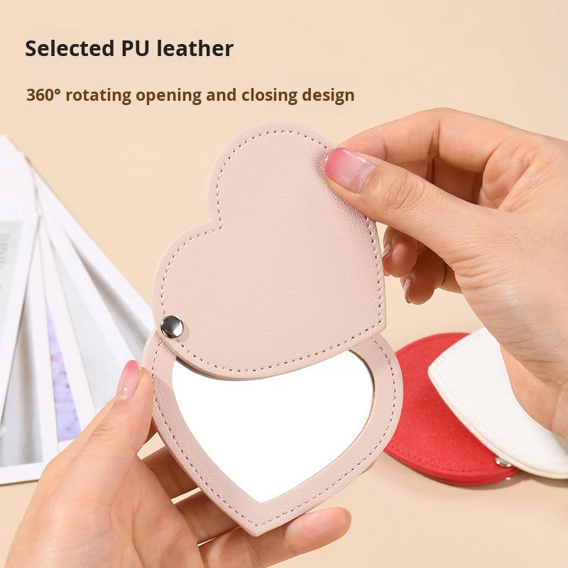 Cosmetic Mirror Manufacturer - Portable High-End Leather Love Heart-Shaped Rotating