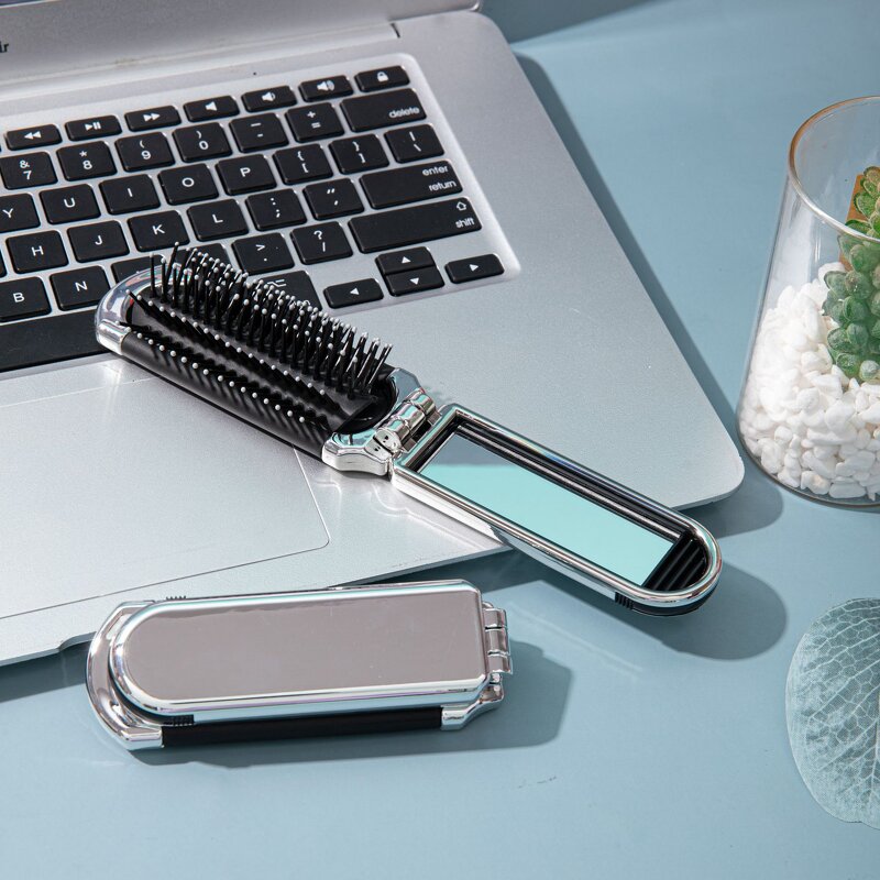 Hair Brush with Mirror Manufacturer - High Quality Electroplated Silver Mini Folding