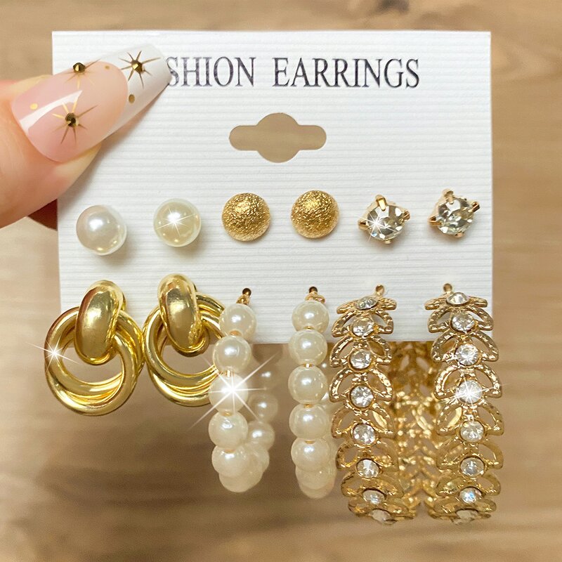 Earrings Set Manufacturer - 6pcs/set Gold Square Geometric Vintage Pearl Fashion