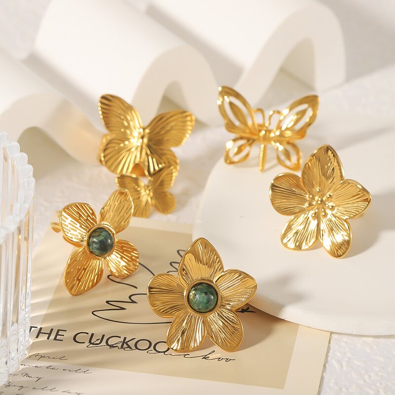 Ring Manufacturer - New Gold Stainless Steel Plated 18k Gold Inlaid Turquoise Open