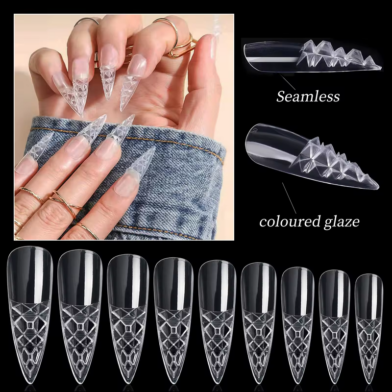 Glass Nail Tips Manufacturer - Nail Art Piece Box Transparent Trapezoidal Pointed 3D
