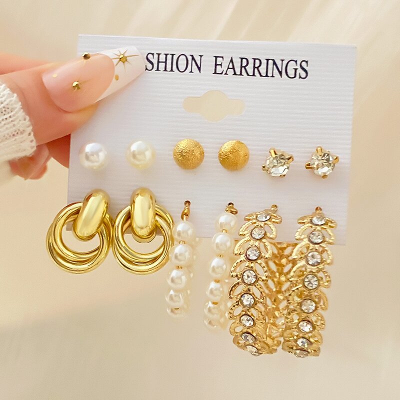 Earrings Set Manufacturer - 6pcs/set Gold Square Geometric Vintage Pearl Fashion