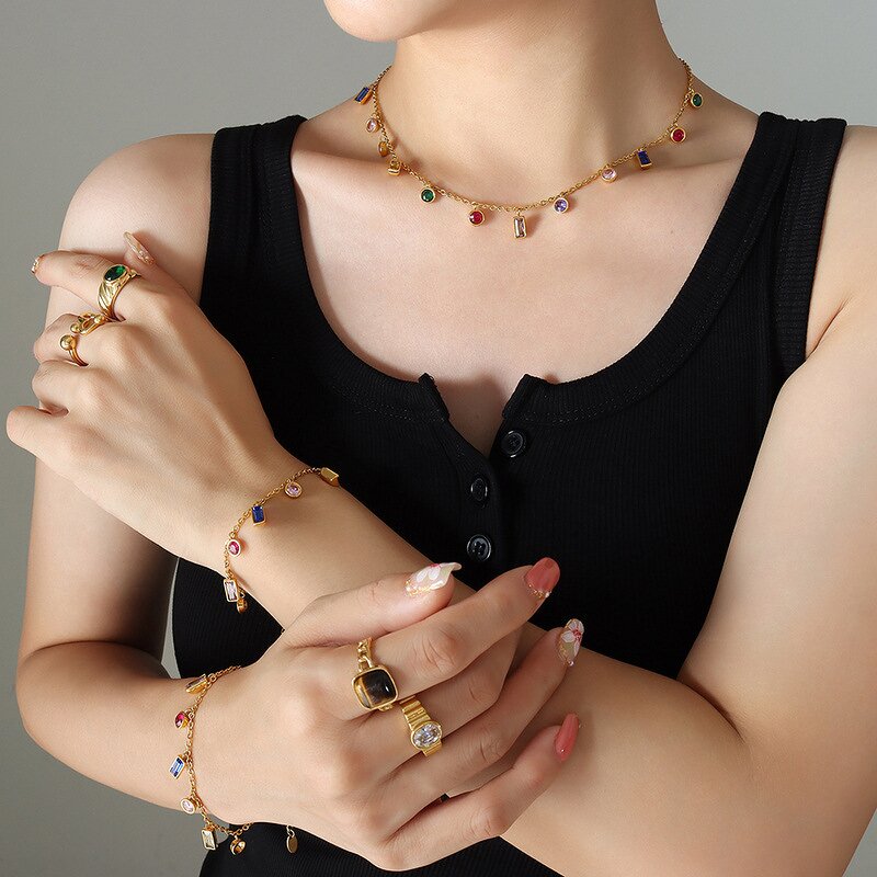 Jewelry Set Manufacturer - Korean Style Zircon Gold Plated square Fringe Necklace Bracelet