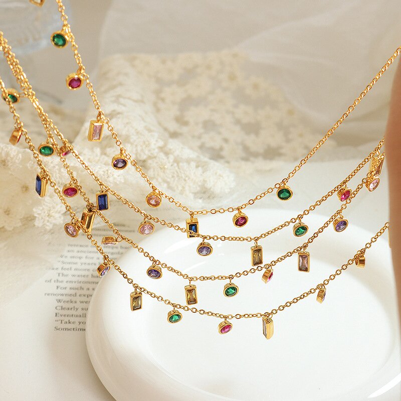 Jewelry Set Manufacturer - Korean Style Zircon Gold Plated square Fringe Necklace Bracelet