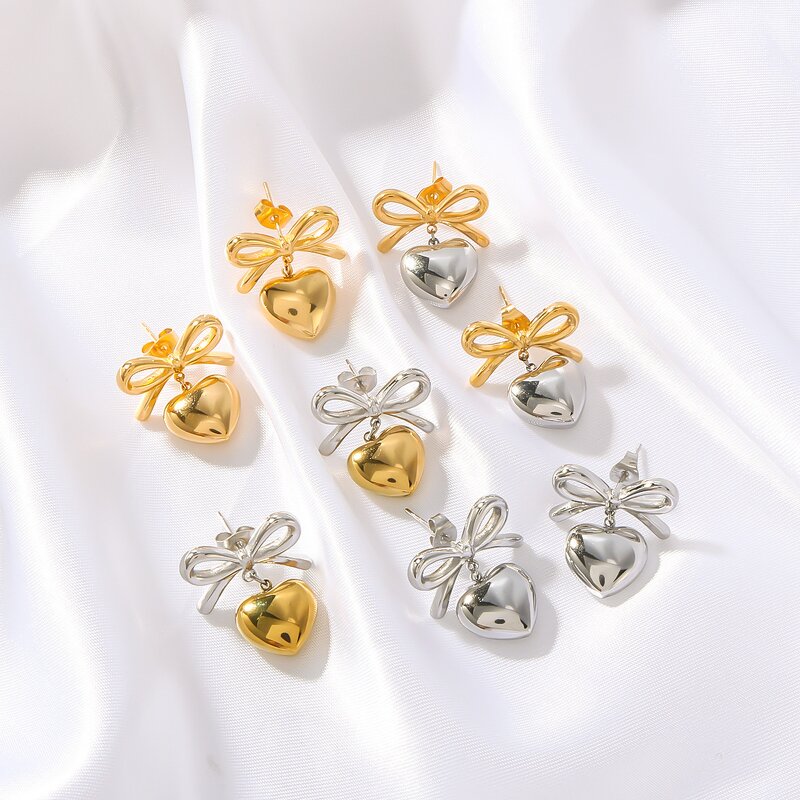 Earring Manufacturer - New Bow Titanium Steel Plated 18K Gold Heart Pendant Fashion