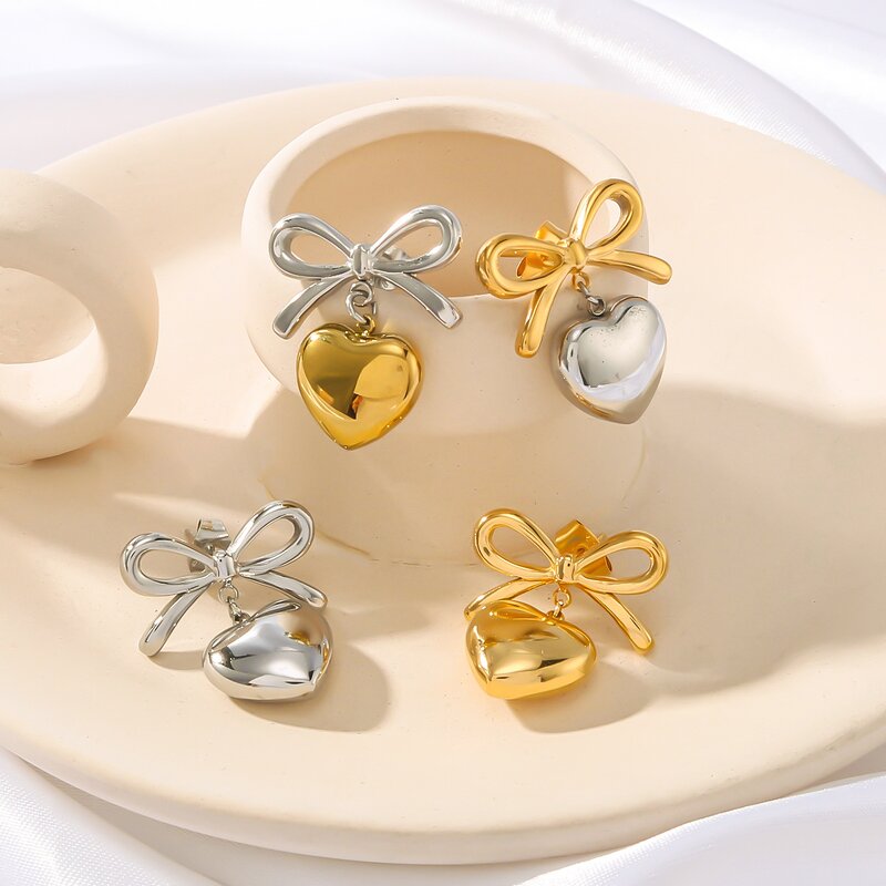 Earring Manufacturer - New Bow Titanium Steel Plated 18K Gold Heart Pendant Fashion