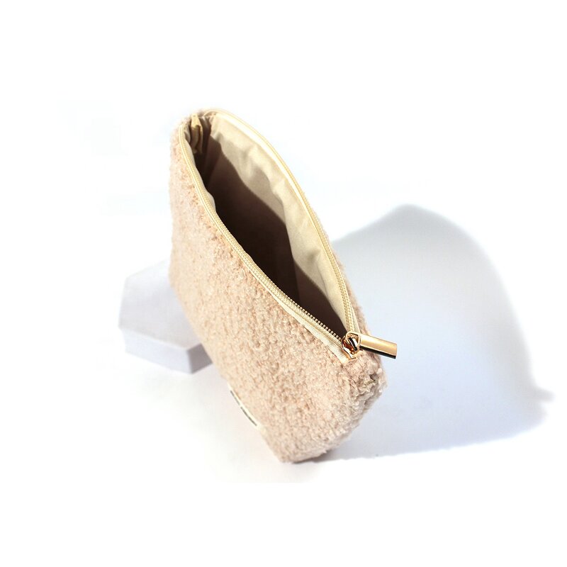 Cosmetic Bag Manufacturer - Promotional Beige Eco Friendly Furry Plush Teddy Velvet