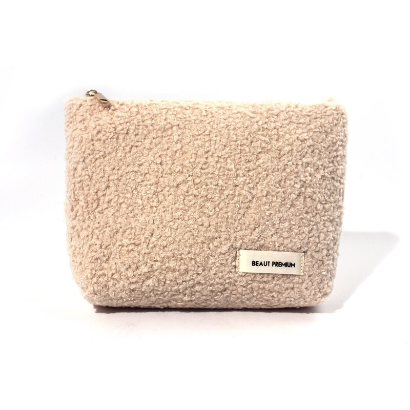 Cosmetic Bag Manufacturer - Promotional Beige Eco Friendly Furry Plush Teddy Velvet