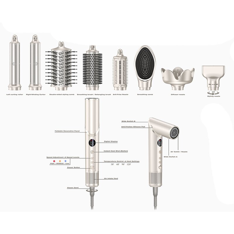 Hair Styler Manufacturer - Professional 110000rpm Stainless Steel 8-in-1 Auto Wrap