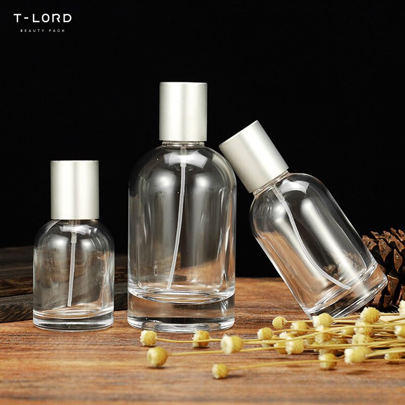 Glass Perfume Bottle with Flat Aluminium Cap Screen Printed Roll Seal Pump Sprayer Serum Cream Diffuser Packaging Boxed