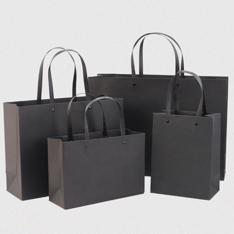 Handmade Luxury Black Cardboard Paper Bag with Custom Logo for Shoes Clothes Socks Fur Packing Quality Gift Comfortable Handle