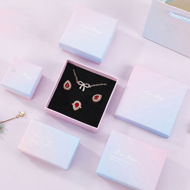 Customized Pink Kraft Paper Box and Paper Bag Set Embossed Logo Matt Lamination Foldable Folder Type for Jewelry with Lid