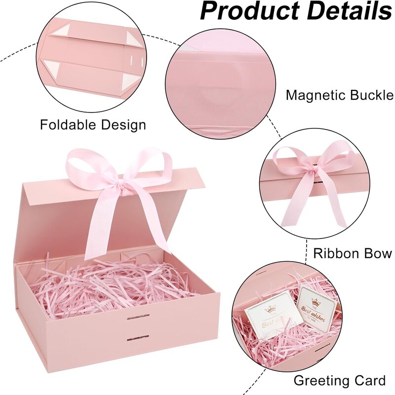 Magnetic Recyclable Rigid Customizable Gift Boxes 22x17x8.5cm Bow Lids for Birthdays Weddings Valentine's Christmas (Pink)