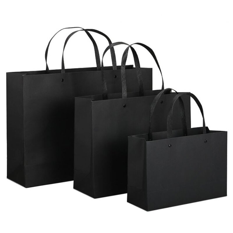 Handmade Luxury Black Cardboard Paper Bag with Custom Logo for Shoes Clothes Socks Fur Packing Quality Gift Comfortable Handle