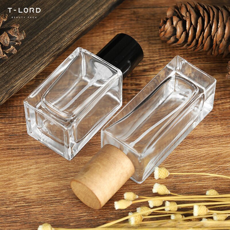 Custom Cosmetic Perfume Container Packaging Bottle with Wooden Cap and Pump Sprayer Screen Printed for Skincare Products