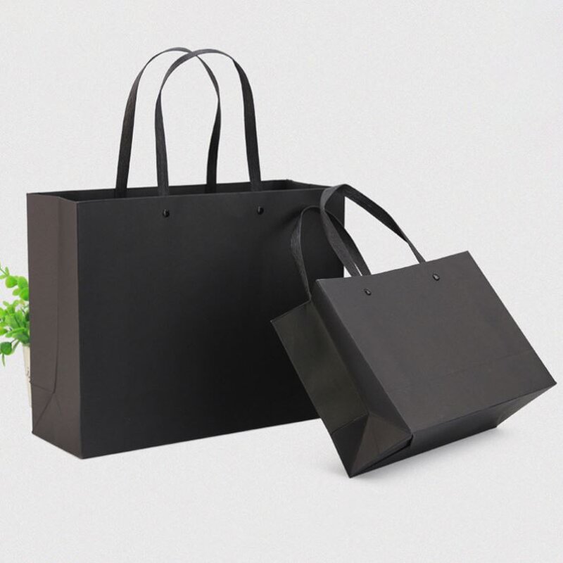 Handmade Luxury Black Cardboard Paper Bag with Custom Logo for Shoes Clothes Socks Fur Packing Quality Gift Comfortable Handle