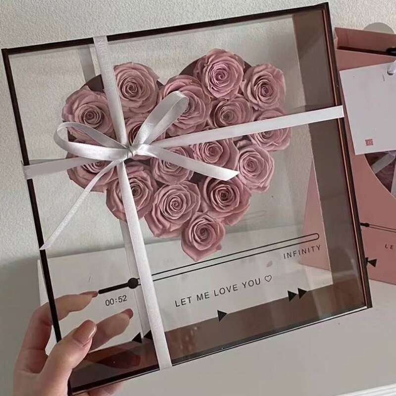 Valentine's Day Custom Square Acrylic Window Gift Box with Matte Finish Europe Bag Transparent Rose Flower Design for Candle