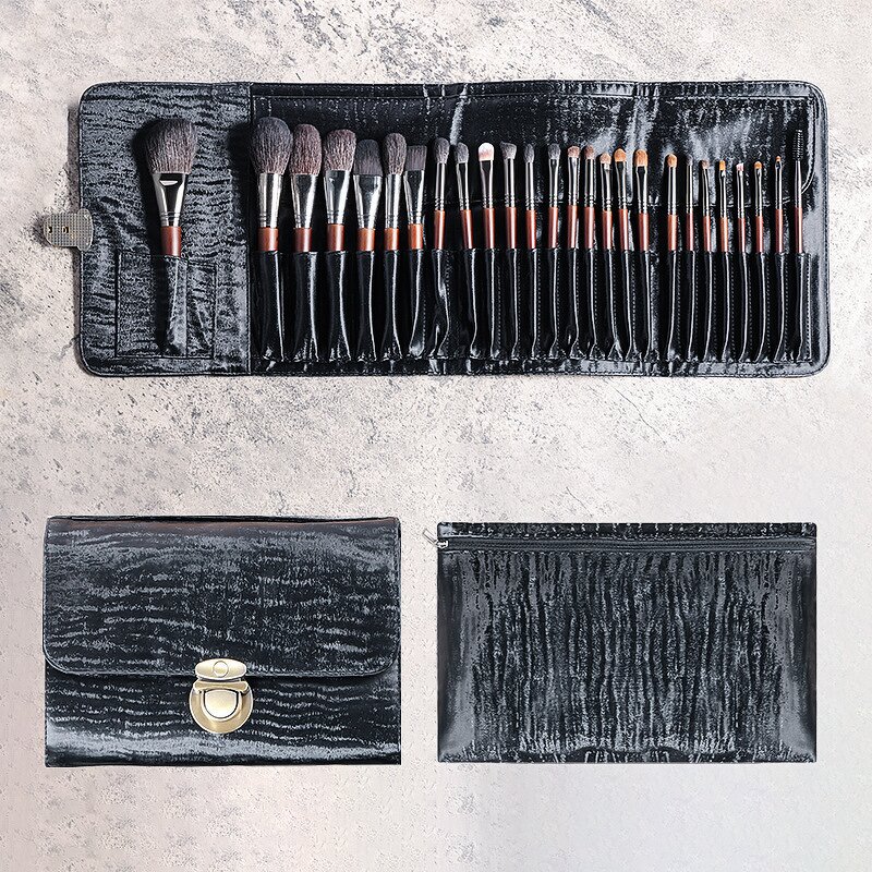 24pc Professional Goat Pony Hair Makeup Brush Set 24 Pieces Black Eye Shadow Brushes with PU Bag for Face & Lip Liner