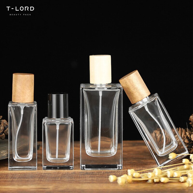 Custom Cosmetic Perfume Container Packaging Bottle with Wooden Cap and Pump Sprayer Screen Printed for Skincare Products