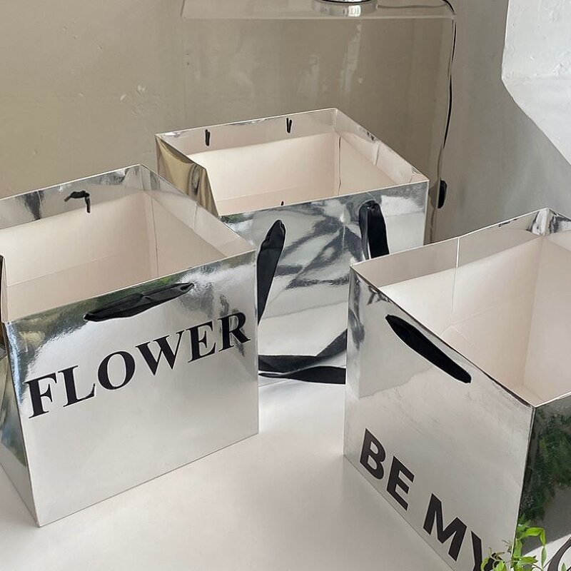 Handmade Custom Printed Logo Square Die Cut Kraft Paper Bag Waterproof Silver Floral Bouquet Design for Flower Candle Craft