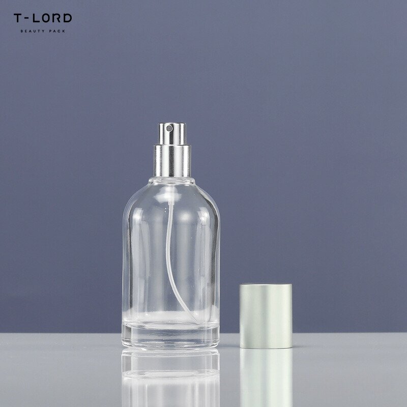 Custom Cosmetic Perfume Container Packaging Bottle with Wooden Cap and Pump Sprayer Screen Printed for Skincare Products