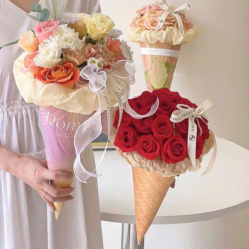 Creative Fashion Luxury Ice Cream Bouquet Flower Gift Wrapping Bag Handmade Waterproof Paperboard Cone Shaped for Candle Craft