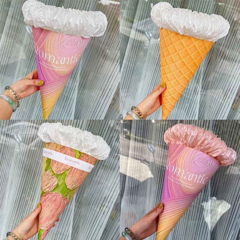 Creative Fashion Luxury Ice Cream Bouquet Flower Gift Wrapping Bag Handmade Waterproof Paperboard Cone Shaped for Candle Craft