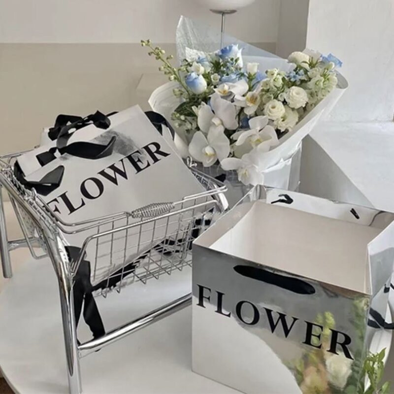 Handmade Custom Printed Logo Square Die Cut Kraft Paper Bag Waterproof Silver Floral Bouquet Design for Flower Candle Craft