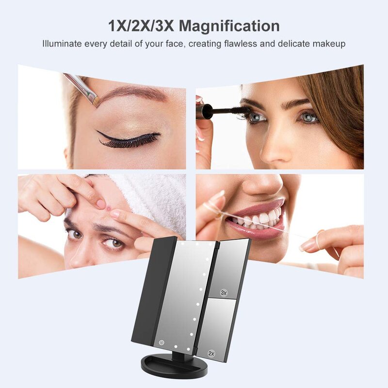 Tri-Fold LED Vanity Mirror Manufacturer - WEILY 21 Lights Adjustable Touch Screen 1x/2x/3x Magnification Tool