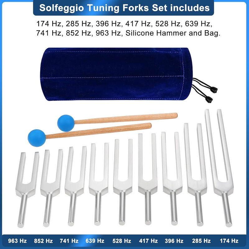 Solfeggio Tuning Fork Set Manufacturer - 9-Piece Wooden Stand Chakra Hammer 174-639Hz Frequencies Tool