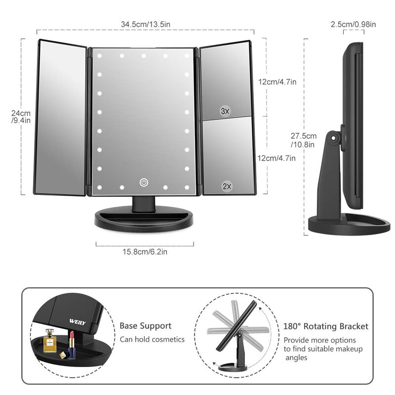 Tri-Fold LED Vanity Mirror Manufacturer - WEILY 21 Lights Adjustable Touch Screen 1x/2x/3x Magnification Tool