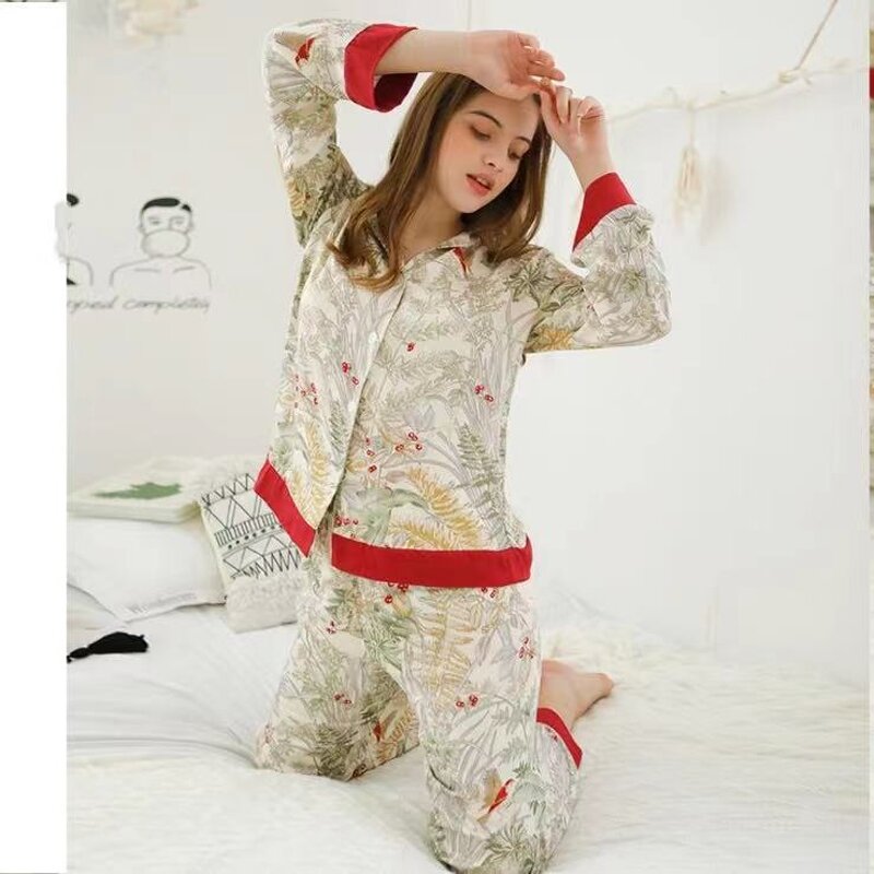 Pajamas Set Manufacturer - Long Sleeve Lapel Plant Print Elastic Waist