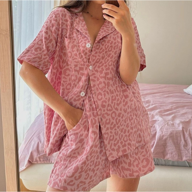 Pajamas Set Manufacturer - 100% Cotton Short Sleeve Leopard Print Lounge