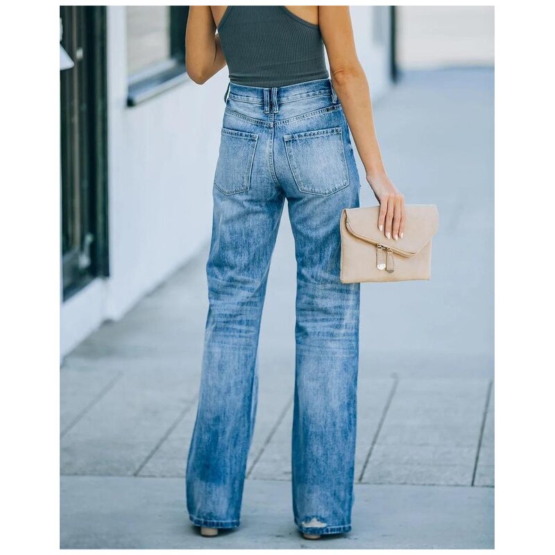 Denim Pants Manufacturer - Casual Wide Leg Mid Waist Washed Perforated