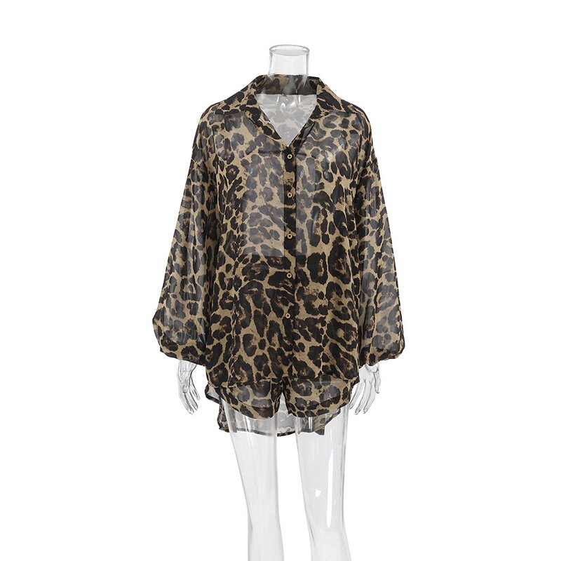 Pajamas Set Manufacturer - Leopard Print Long Sleeve Shorts Loungewear