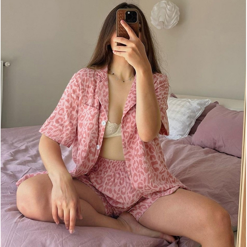 Pajamas Set Manufacturer - 100% Cotton Short Sleeve Leopard Print Lounge