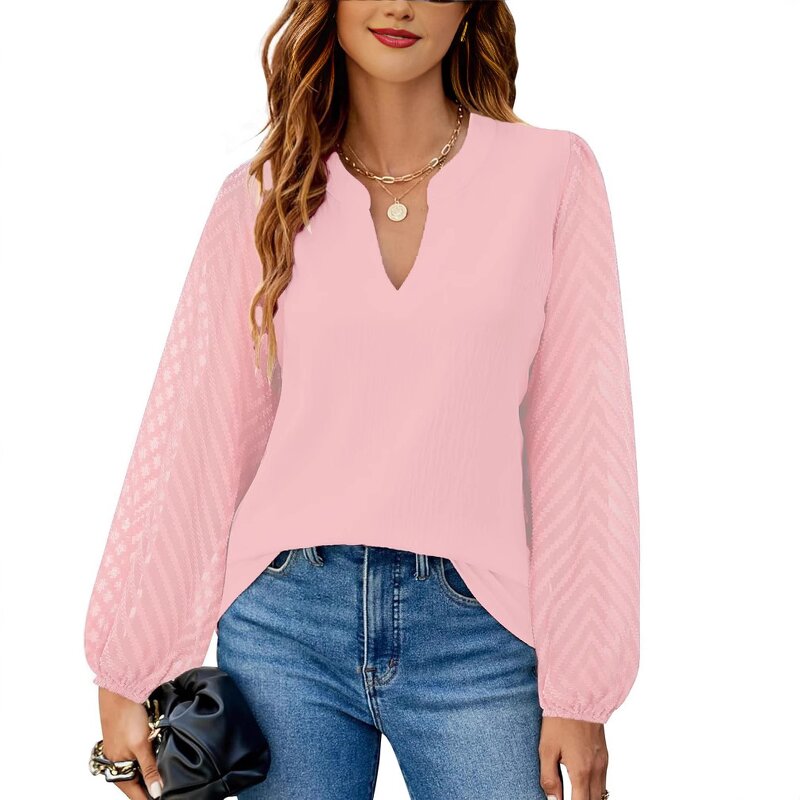 Chiffon Blouse Manufacturer - V-Neck Casual Long Sleeve Solid Color