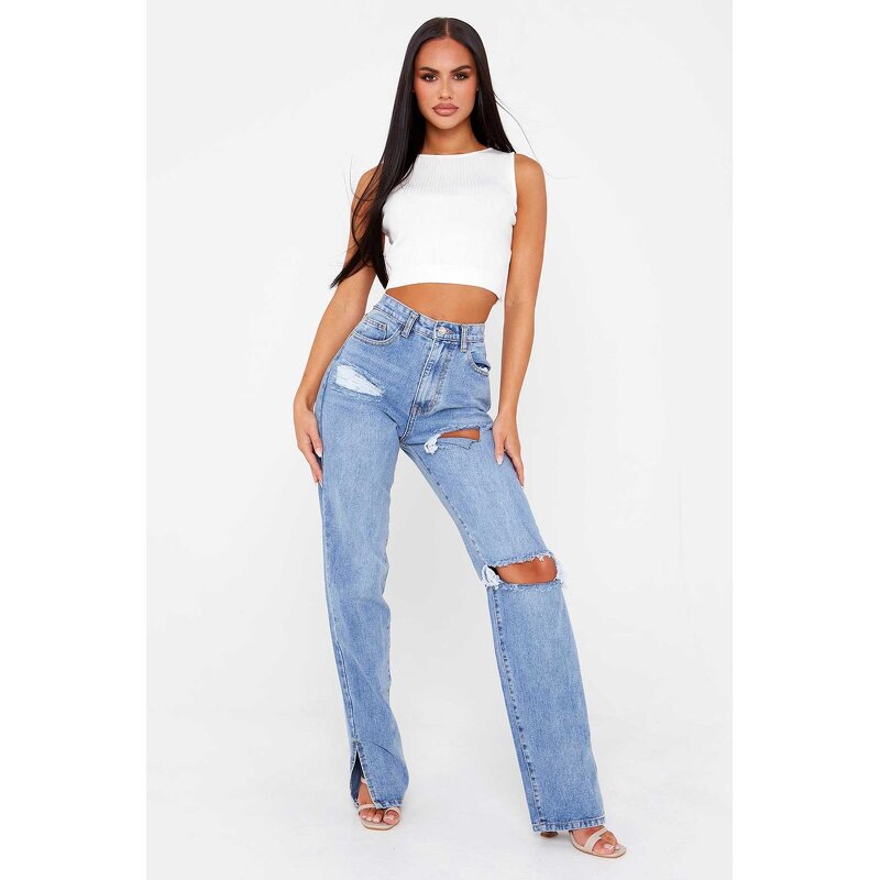 Jeans Manufacturer - High Waist Loose Straight Leg Hot Ripped