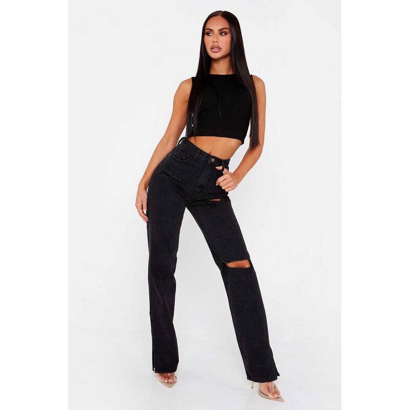 Jeans Manufacturer - High Waist Loose Straight Leg Hot Ripped