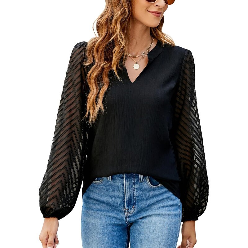 Chiffon Blouse Manufacturer - V-Neck Casual Long Sleeve Solid Color