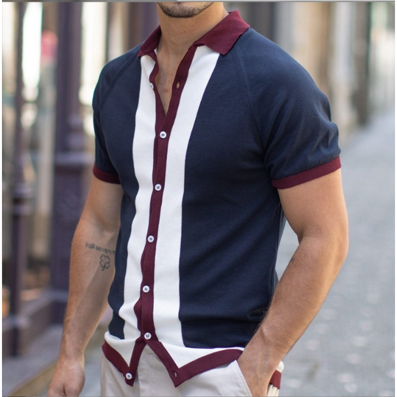 Men's Polo Shirt Manufacturer - Single Breasted Patchwork Slim Knit