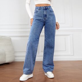 Jeans Manufacturer - Blue Straight Leg Loose Casual High Waist
