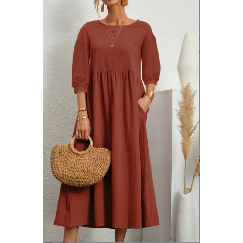 Dress Manufacturer - Solid Color Lantern Sleeves Loose Cotton Hemp with Pocket