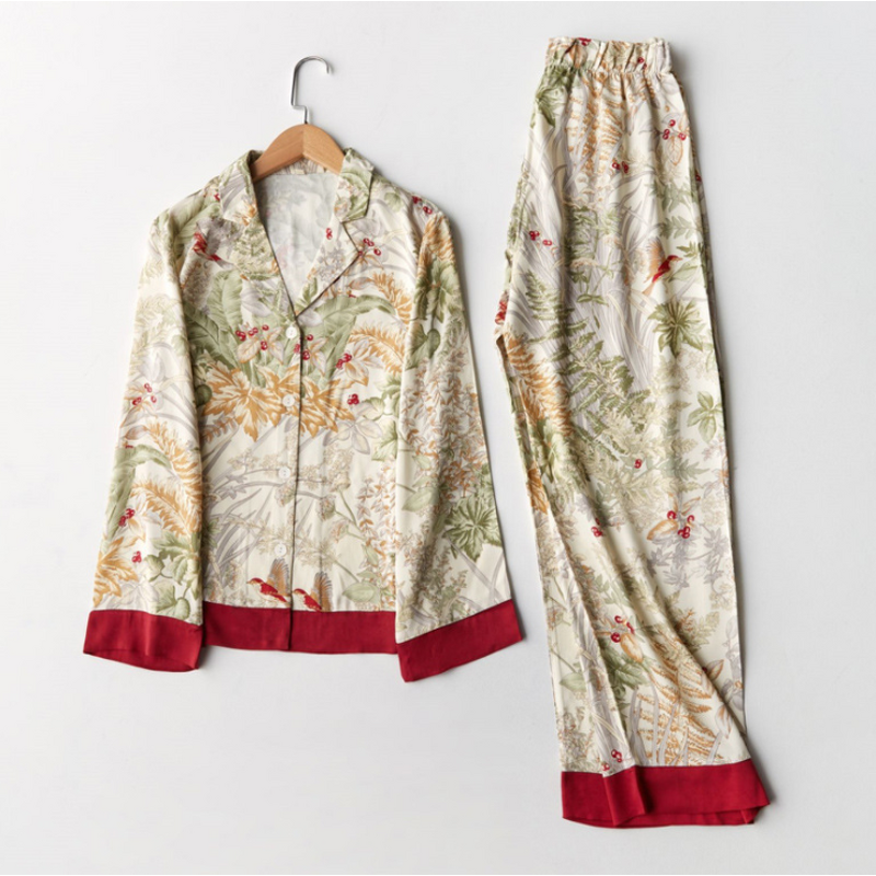 Pajamas Set Manufacturer - Long Sleeve Lapel Plant Print Elastic Waist