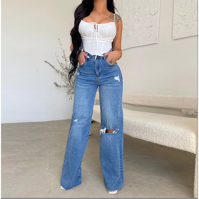 Jeans Manufacturer - High Waist Loose Straight Leg Ripped Wide Leg