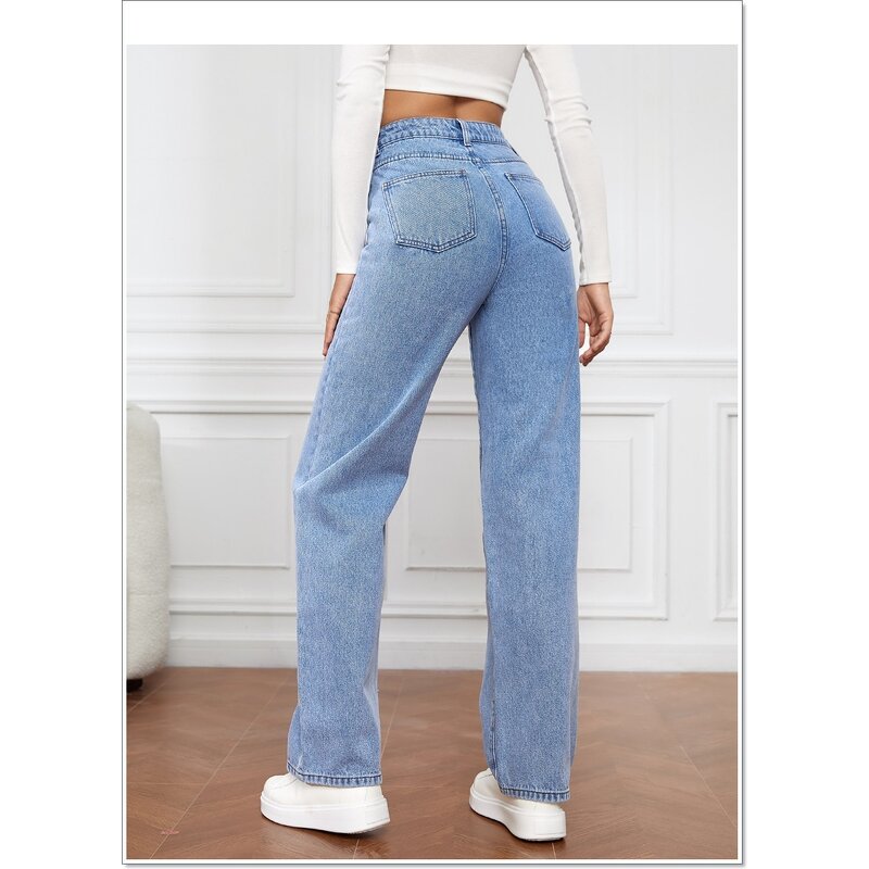 Jeans Manufacturer - Blue Straight Leg Loose Casual High Waist